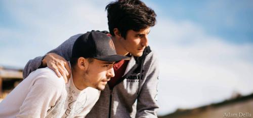 Trevor Stevens, left; with cinematographer Nico Aguilar; on a set